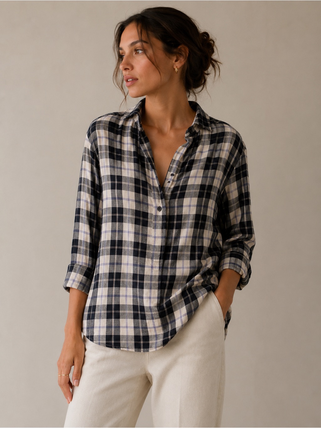 J. Crew Black And Cream Plaid Button-Down Shirt Size 6